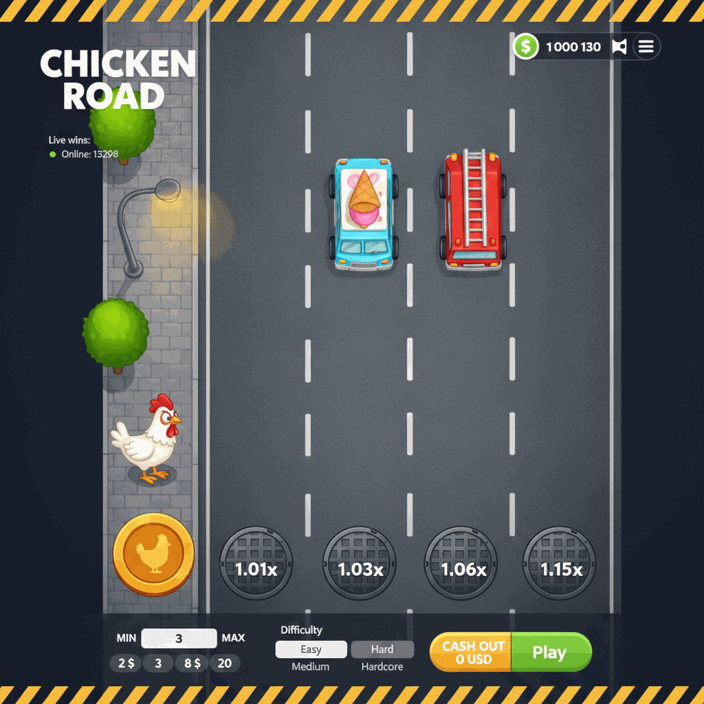 Chicken Road par InOut, jeu de crash avec un poulet blanc traversant une route à plusieurs voies avec des voitures, vue de dessus avec multiplicateurs sur des plaques d'égout, arbres verts sur le trottoir de gauche